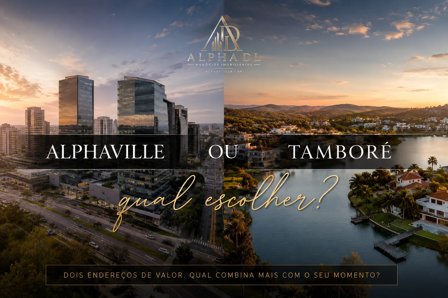 Comparativo Alphaville ou Tamboré: à esquerda, o centro comercial de Alphaville; à direita, o lago e as mansões de Tamboré