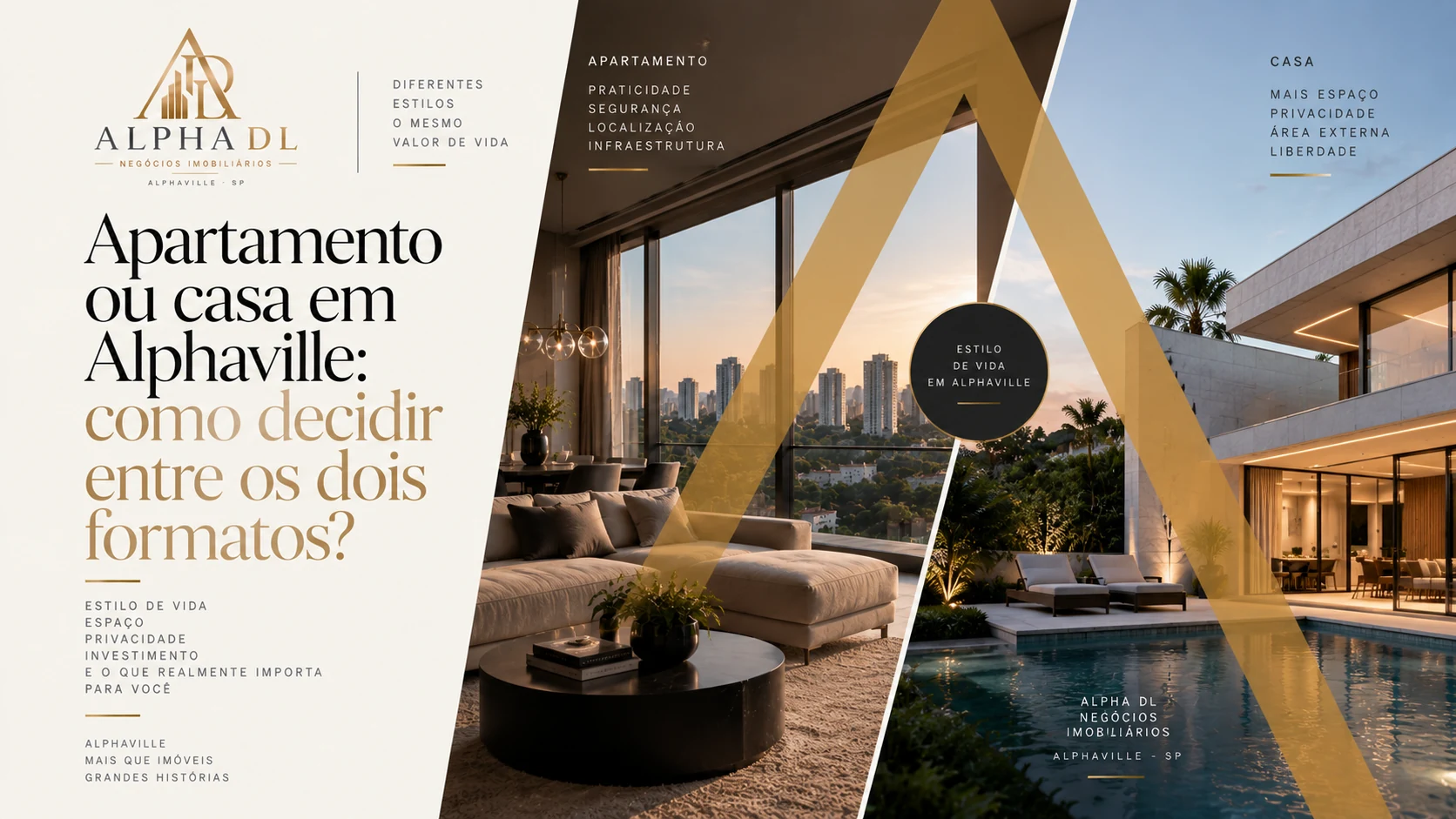 Capa do artigo Apartamento ou casa em Alphaville: como decidir entre os dois formatos — Alpha DL Imóveis